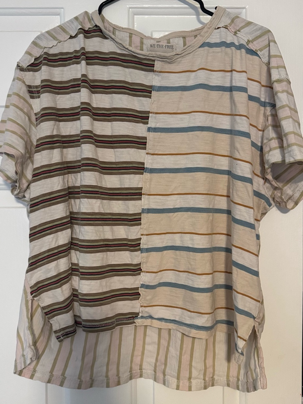 We The Free Striped Patchwork Short Sleeve Shirt in Beige, Blue, Olive
